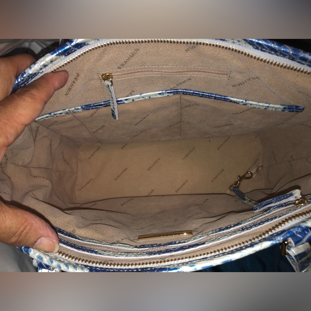 New Brahmin Blue & White Croc-Embossed Leather Tote - Picture 12 of 14